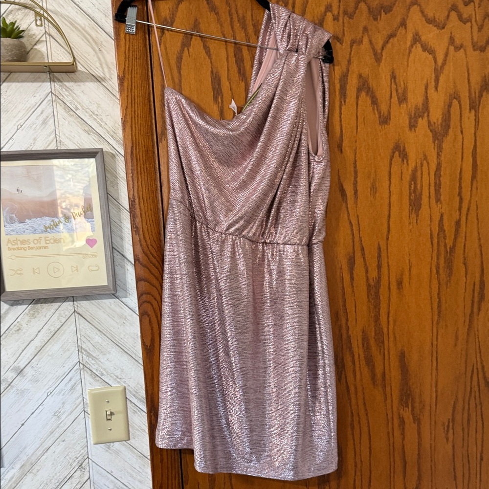 One Shoulder Metallic Pink Dress